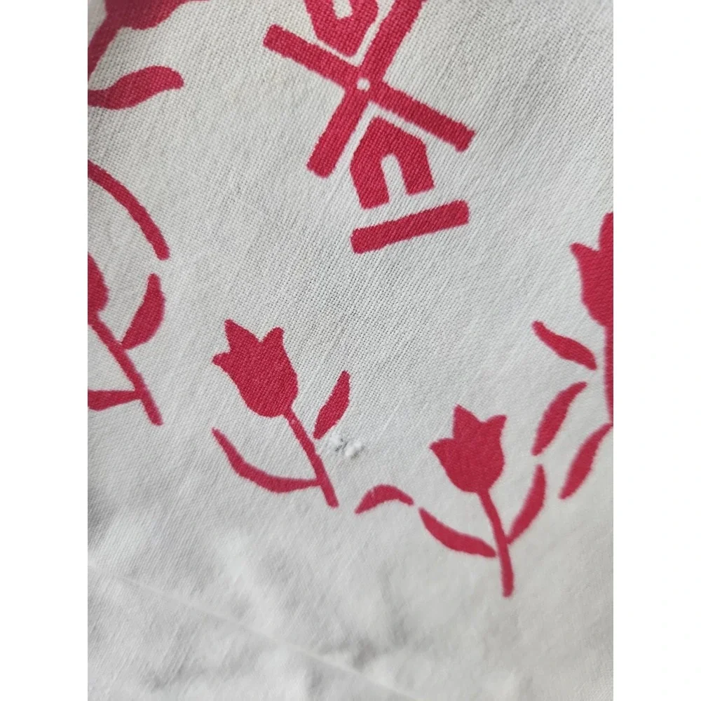 Vtg cotton printed tablecloth red dutch girl boy windmill tulip floral 47 x 46.5